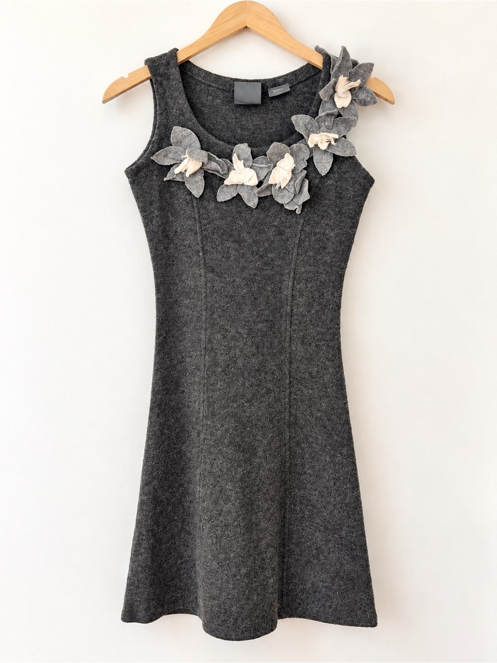 Girls From Savoy 100% Merino Wool Charcoal Floral Appliqué Dress XS